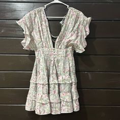 Nwt. Small. Spring Pink V-neck Tiered Dress, Pink Summer Ruffle Dress For Day Out, Pink Ruffle Sleeve Dress For Brunch, Pink Ruffle Dress For Day Out, Pink Feminine Ruffle Sleeve Dress, Pink Ruffled Vacation Dress, Pink Ruffled Skirt Dress For Vacation, Pink Vacation Dress With Ruffled Skirt, Pink Summer Ruffle Dress For Brunch