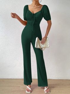 This Puff Sleeve Front Flare Leg Jumpsuit is a professional and elegant addition to any wardrobe. Crafted from a stretchy polyester-elastane blend, this jumpsuit features a sweetheart neckline, short puff sleeves, high waistline, and contrast mesh details on the front. The drawstring knot detailing at the neckline adds texture along with rib-knit ruching for an eye-catching look. This versatile jumpsuit can be dressed up or down depending on the occasion and is sure to keep you looking stylish all day long. Features: Style: Elegant Pattern Type: Plain Details: Contrast Mesh, Drawstring, Knot, Ruched, Sheer, Rib-Knit Length: Long Type: Other Fit Type: Regular Fit Sleeve Length: Short Sleeve Sleeve Type: Puff Sleeve Waist Line: High Waist Fabric: Slight Stretch Material: Fabric Composition: Green Long Sleeve Party Jumpsuits, Green Long Sleeve Cotton Jumpsuit, Green V-neck Jumpsuit For Loungewear, Green Fitted V-neck Jumpsuit, Flare Leg Jumpsuit, Green Cotton V-neck Jumpsuit, Comfy Jumpsuits, Pink Jumpsuit, Green Jumpsuit