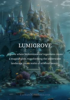 Lumigrove - underwater kingdom Light Names Ideas, Magical School Name Ideas, Fantasy Novel Name Ideas, Names For Places Writing, Dnd Kingdom Names, Fantasy Places Names Ideas, Fantasy Realm Names Ideas, Mythical Places Names, Kingdom Names For Books