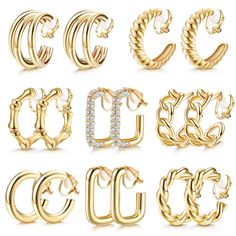 PRICES MAY VARY. Clip Hoop Earrings Set-This Set of Earrings Includes 8pairs of Silver/Gold Chunky Hoop Earrings in Different Styles: Chunky Clip On Hoop Earrings, Round Clip on Earring, Twist Clip On Earrings, U-Shape Clip on Earring, CZ Clip Hoop Earring, etc. They Have A Stylish Look, Could Wear with Any Color Clothes. Make You more Brilliant. Clip Earrings For Women-Non-Pierce Hoop Earrings, Suitable Size For Most Women.Various Classic and Elegant Design Chunky Clip on Hoop Earrings will alw Earrings No Piercing, Clip On Hoop Earrings, Piercing Fake, Fake Earrings, Fake Jewelry, Chunky Hoop Earrings, Gold Clips, Estilo Punk, Hoop Earring Sets