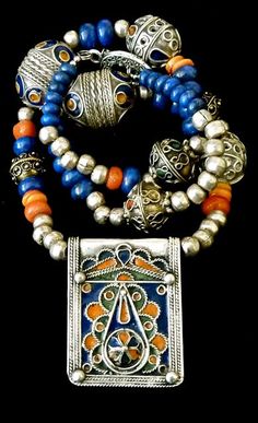 MOROCCAN Necklace - Tribal Necklace - Enamelled Pendant - Lapis Lazuli Gemstones - Berber Silver Necklace. $575.00, via Etsy. Moroccan Necklace, Enamel Beads, Jewellery Inspiration