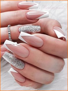 White Tip Acrylic Nails, Accent Nail Designs, Glitter Accent Nails, French Tip Nail Designs, Silver Nail, White Acrylic Nails, French Tip Acrylic Nails, French Nail Designs, Acrylic Nails Coffin Short