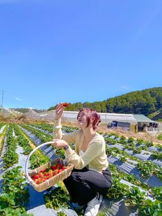 a woman kneeling down holding a basket full of strawberries