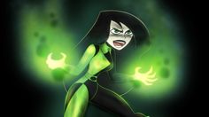 a cartoon character with green and black hair