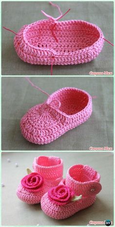 crocheted baby shoes with pink flowers on them