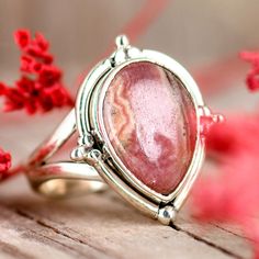 Teardrop Rhodochrosite ring Genuine gemstone. Made of sterling silver. Rhodochrosite Ring, Black Tourmaline Jewelry, Sterling Silver Rings Boho, Pink Stone Ring, Pink Stone Rings, Raw Stone Jewelry, Rose Quartz Jewelry, Chevron Ring, Aquamarine Jewelry