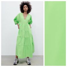 Nwt. Zara Green Tiered Poplin Midi Dress With V-Neckline, Short Balloon Sleeves, Tiered Skirt. Size Xs. Ref. 0881/320. Pit To Pit 18" Flat, Sleeves 20" From Neckline, Waist 20", Length 52". 1077 Casual Green V-neck Dress For Spring, Green V-neck Cotton Midi Dress, Green Cotton V-neck Dress, Spring Green V-neck Dress With Short Sleeves, Spring Green Short Sleeve V-neck Dress, Green Short Sleeve V-neck Dress For Spring, Short Sleeve Green V-neck Dress For Spring, Spring Cotton V-neck Dress, Green V-neck Cotton Maxi Dress