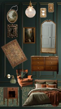 a bedroom with green walls and pictures on the wall, including a bed, dresser, mirror, armoire, chair and lamp