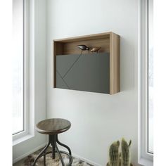 an empty room with a table and cactus in it