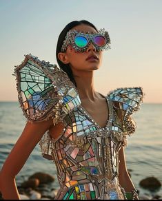 a woman with sunglasses on her face standing next to the ocean