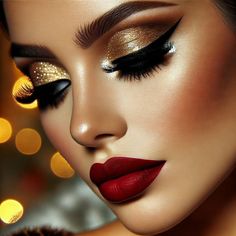 Red Dress Eye Makeup Looks, Gold Eye Red Lip Makeup, New Years Eve Glam Makeup, Holiday Party Makeup Looks Red Lips, New Years Eye Shadow, Makeup Ideas For Christmas Party, Makeup Ideas For New Years Eve, Gold Eyeshadow Red Lips, Red Lip Smokey Eye Makeup Look