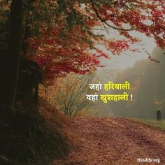 a dirt road surrounded by trees and leaves with the words in english on top of it