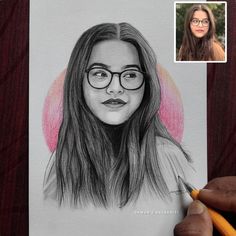 a pencil drawing of a woman with glasses and a pink circle around her head, next to a photo of the same person