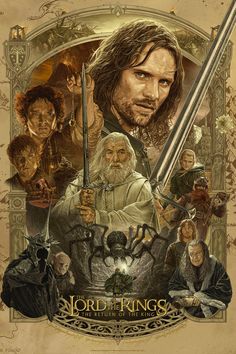 the lord of the rings movie poster with many characters and their names on it's side