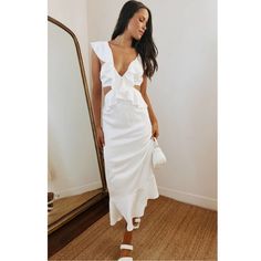 Size Xs. Nwt, But Was Tried On. With A Makeup Mark. Could Easily Be Washed Out. White Midi Dress With Ruffles, Chic White Maxi Dress For Date Night, White V-neck Maxi Dress For Date Night, Feminine Off White Midi Dress For Brunch, White Midi Dress For Brunch, White Midi Dress For Spring Brunch, Off White Ruffled Maxi Dress For Brunch, White Maxi Length Dress For Brunch, White Midi Dress For Date Night