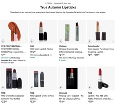 True-Autumn-Lipsticks_Amazon True Autumn Lip Color, True Autumn Lipstick Palette, Warm Autumn Lipstick Colors, True Autumn Lipstick Colour, True Autumn Makeup Looks, Soft Autumn Lipstick Colors, Warm Autumn Lipstick, True Autumn Lipstick, Deep Autumn Lipstick