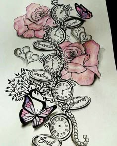 a drawing of flowers and clocks with butterflies