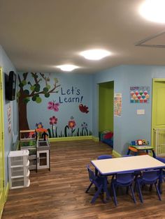 a child's playroom with blue walls and wooden flooring, painted in bright colors