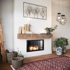 a living room filled with furniture and a fire place next to a wall mounted fireplace