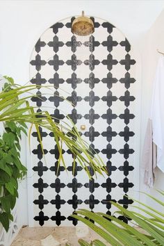 a white door with black crosses painted on it and a potted plant next to it