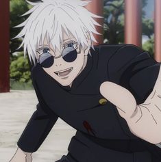 an anime character with white hair and blue eyes pointing to the side while wearing sunglasses