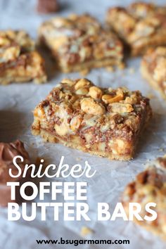 snickker toffee butter bars on top of parchment paper with text overlay