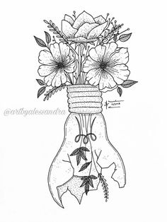 a black and white drawing of flowers in a light bulb