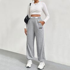 F00215614-102 Baggy Solid Color Sports Pants, Casual Full Length Sweatpants With Letter Print, Loose Fit Hip Hop Joggers For Gym, Gray Relaxed Fit Sports Bottoms, Gray Relaxed Fit Bottoms For Sports, Baggy Hip Hop Joggers For Gym, Sweatpants With Side Pockets For Gym, Solid Color Sweatpants With Side Pockets For Gym, Full-length Sweatpants With Pockets For Jogging