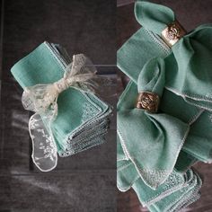 two pictures of napkins with bows and lace on them, one has a ring in the middle