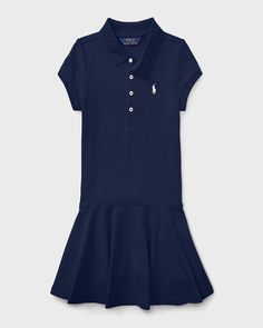 Ralph Lauren Childrenswear knit polo dress with signature embroidered pony at chest.  Spread collar; fourbutton front. Short sleeves. Ribbed trim.  Dropped waist. Fitandflare silhouette. Slipover style. Cotton/spandex. Machine wash. Imported. Knit Polo Dress, Ralph Lauren Kids, Knit Polo, Polo Dress, Drop Waist, Curator Style, Short Girls, Logo Embroidered, Roxy