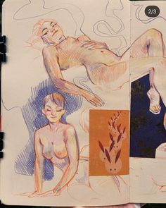 an open sketchbook with drawings of naked people