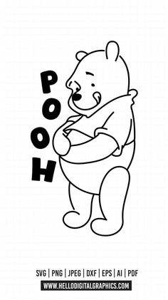 a black and white drawing of a bear with the word pooh on it