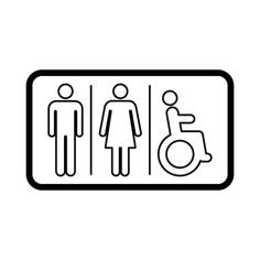 a black and white line drawing of a person in a wheelchair next to a sign