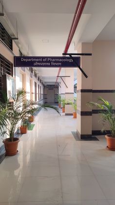 an empty hallway with potted plants on either side and a sign that says department of pharmics