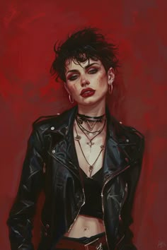 a painting of a woman wearing a leather jacket and choker with her hands on her hips