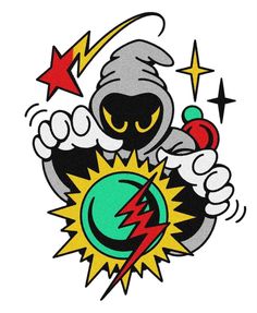 an image of a black and white cartoon character with lightning bolt on it's chest