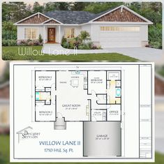 the willow lane ii floor plan is shown in two different colors and features an attached garage