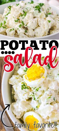 potato salad in a bowl with an egg on top and the words potato salad above it