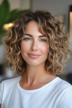 Curly light brown bob hairstyle. Curly Hairstyles Business, Short Curly Hair Lowlights, Curly Hair Coloring Ideas, Medium Length Brown Curly Hair, Curly Hair Lowlights Brown Curls, Hair Color Ideas For Short Curly Hair, Hair Colour Ideas For Curly Hair, Gray Roots Blending Brown, Hair Color Curly Hair Natural Curls