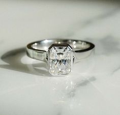 1CT Radiant Cut Bezel Set Solitaire Moissanite Engagement Wide Band Wedding Ring Rectangle Engagement Rings, Thick Band Engagement Ring, Wide Band Wedding Ring, Wide Band Engagement Ring, Cushion Cut Wedding Rings, Band Wedding Ring, Bezel Set Engagement Ring, White Sapphire Engagement Ring