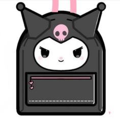 a black and white bag with a skull on the front, pink ribbon around it's neck