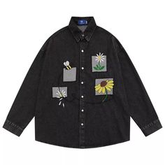 color: Black, Size: XL Black Embroidered Long Sleeve Shirt, Black Embroidered Shirt For Spring, Spring Black Embroidered Shirt, Casual Black Shirt With Floral Embroidery, Oversized Black Denim Tops, Black Embroidered Button-up Shirt, Black Long Sleeve Tops With Embroidered Graphics, Embroidered Black Tops For Streetwear, Casual Black Denim Shirt