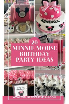 minnie mouse birthday party ideas with pink and white decorations, including cupcakes, cookies, cake