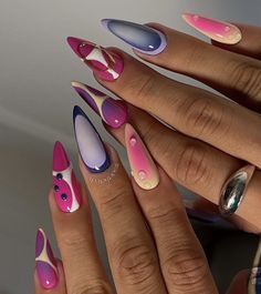 Pink Polish Nails, Nails Unique Design, Nails Unique, Pink Polish, Polish Nails, Almond Nails Designs, Y2k Nails, Nail Art Inspo