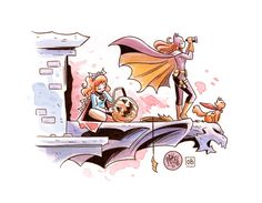 a drawing of a man and woman on top of a building with a bat flying over them