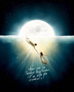 two people floating in the water under a full moon with an inspirational quote above them