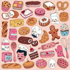 a bunch of different types of food on a pink background