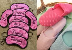 several pairs of slippers with names on them next to a basket full of personalized slippers