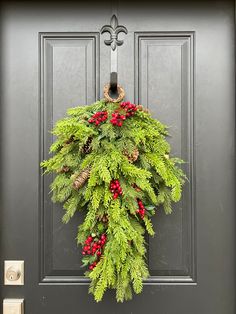 a wreath hanging on the front door of a house with pine cones and red berries