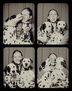 black and white photograph of two girls hugging dalmatian dogs